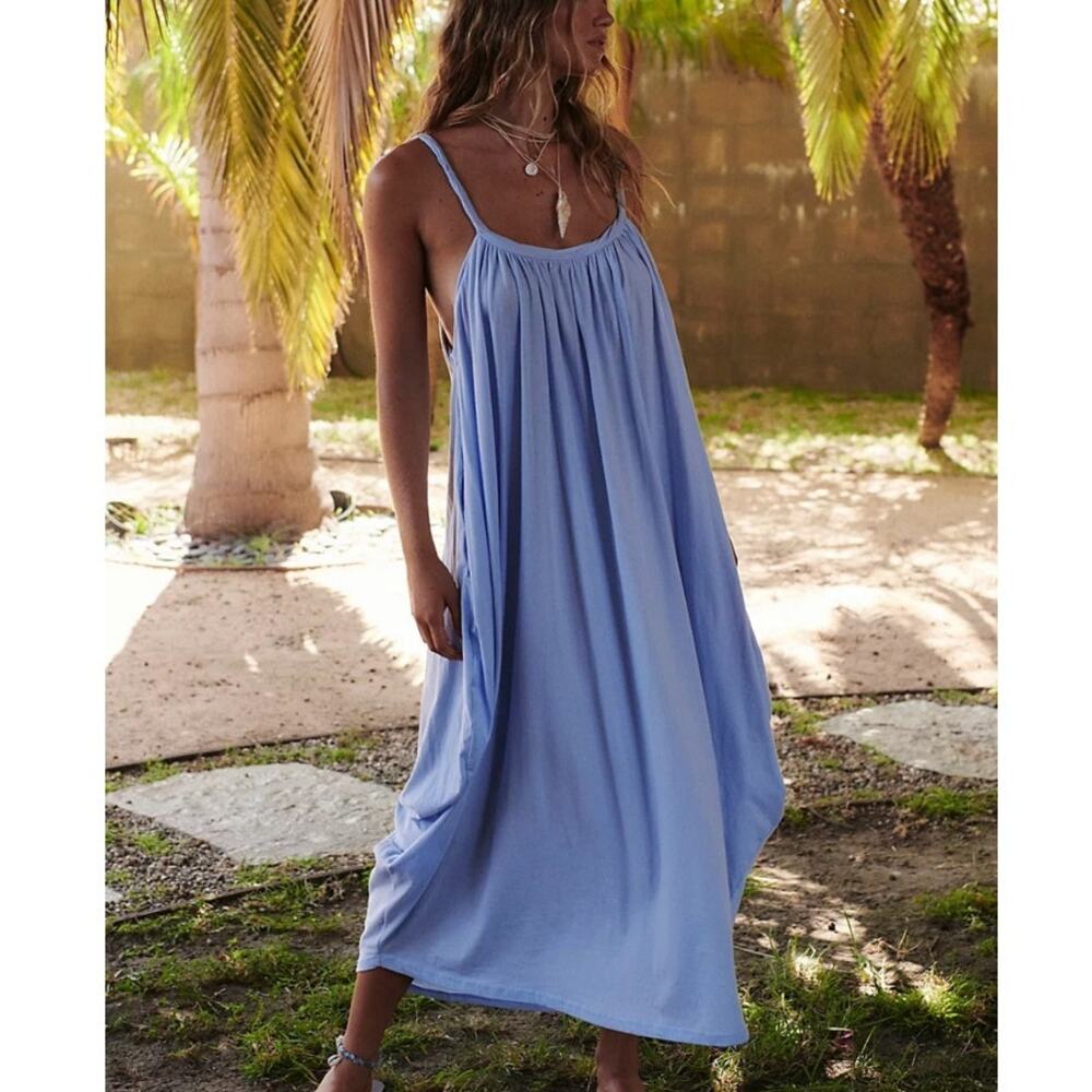 Free People FP Beach Twisted Low Back Midi Maxi Dress Pockets Cotton Blue Large